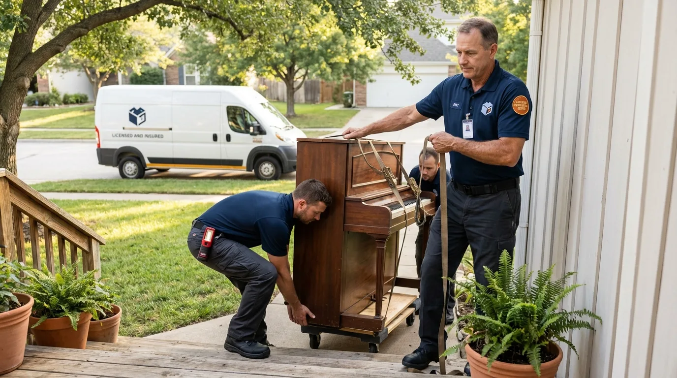 Licensed piano movers securing grand piano in Powder Springs, GA