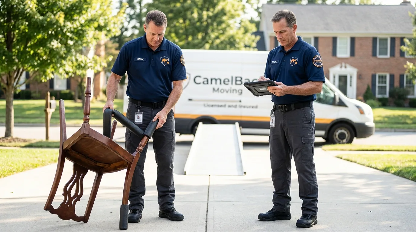Movers inspecting furniture for damage prevention before loading in Powder Springs, GA