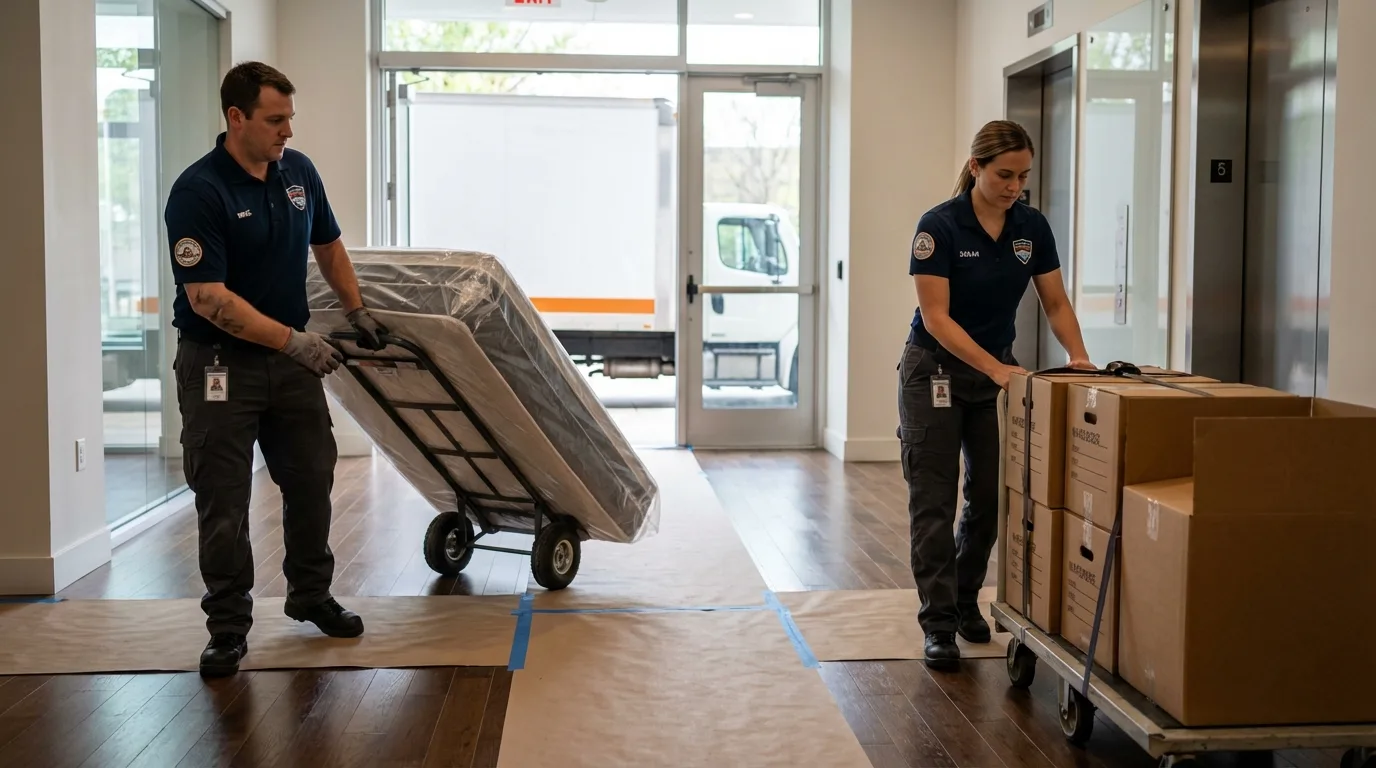 Professional apartment movers loading elevator in Powder Springs, GA