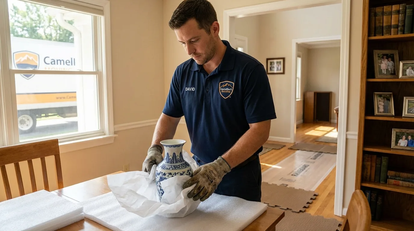 Professional crew carefully wrapping antique vase for senior downsizing move in Powder Springs, GA